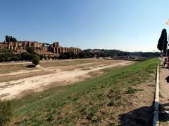 Aerial view of the Circus Maximus in Rome showing the large ancient chariot racing stadium and surrounding ruins