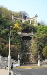 Statue of St. Gellért on Gellért Hill overlooking the Danube river in Budapest Hungary