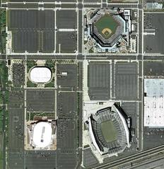 Aerial view of South Philadelphia Sports Complex showing multiple stadiums and facilities