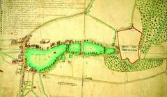 Historic map of Elsene circa 1750 showing lakes, Abbey domain, and old mill buildings