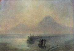 Noah descending from Mount Ararat after the flood with a rainbow in the sky