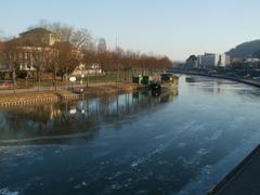 Frozen Saar River in Saarbrücken during February 2012 winter