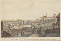 Historic 1833 view of Vilnia (Vilnius) Papłavy district showing detailed cityscape