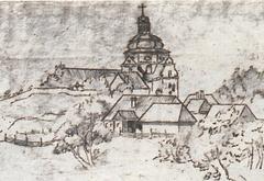 Historical engraving of Vilnia, showing Rosy lane and local monastery, 1786