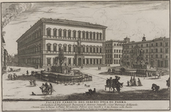 View of the Palazzo Farnese with its main facade facing the square, the east-facing facade, and two central fountains in the square