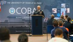 U.S. Army Colonel Raul Gonzalez speaking at a podium during the Fourth Annual Maj. Gen. Juan G. Ayala Military Appreciation Breakfast at University of Texas El Paso