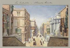 Street scene of Strada Reale in Valletta, Malta with historical buildings and people, circa 1900