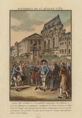 Louis XVI leaving the National Assembly on July 15, 1789, walking back to the castle accompanied by the three estates and a cheering crowd