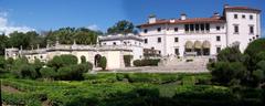 Panoramic view of Villa Vizcaya and its south gardens in Miami, Florida
