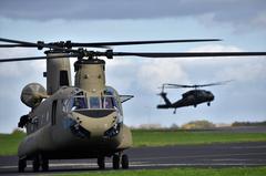 U.S. Army helicopters of 1st Cavalry Division preparing to depart Chievres Air Base Belgium