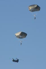 Paratroopers of 173rd Infantry Brigade Combat Team airborne training jump from CH-47 Chinook at Grafenwoehr Training Area Germany