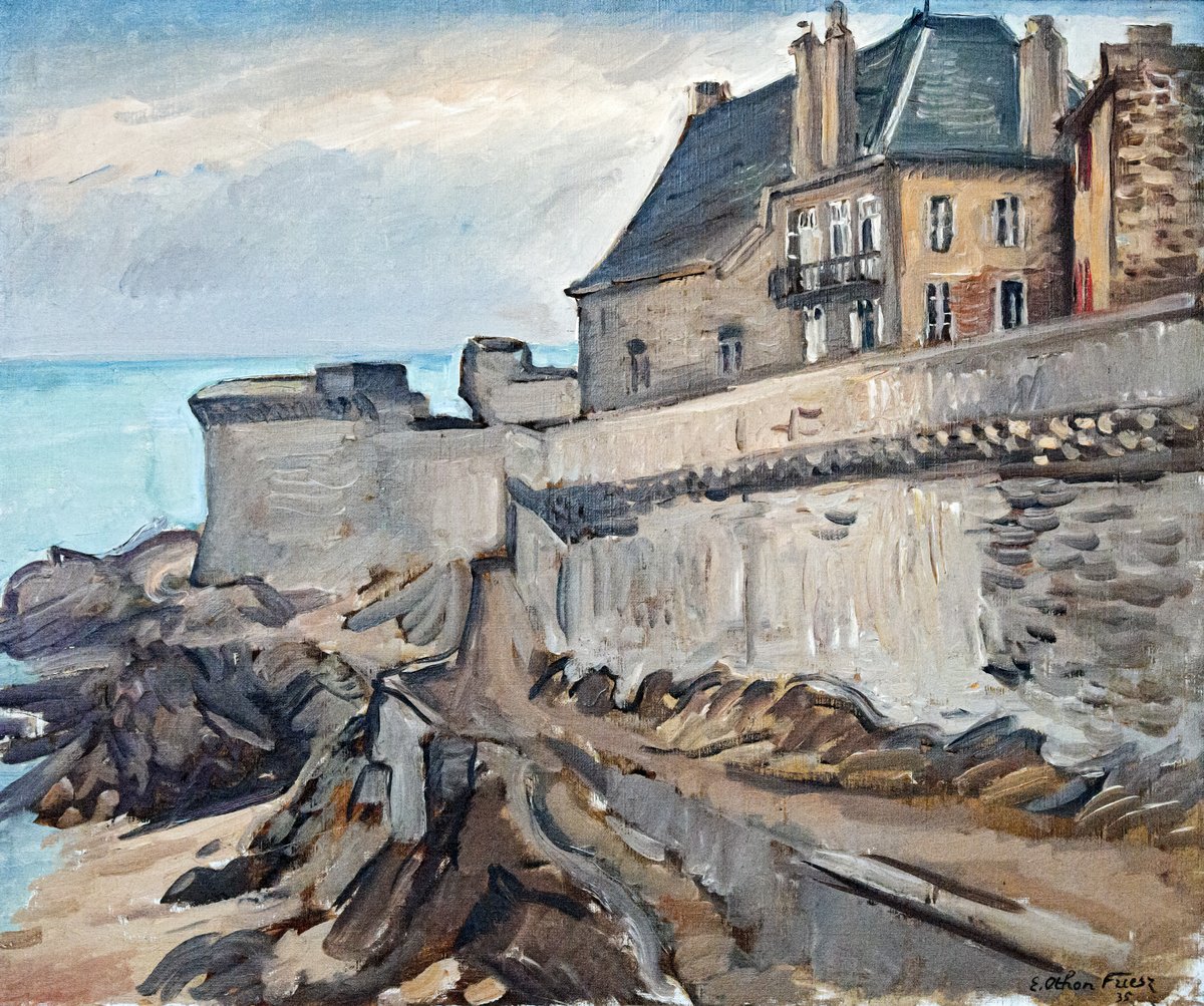 Historic city walls and harbor of Saint-Malo in black and white, 1935