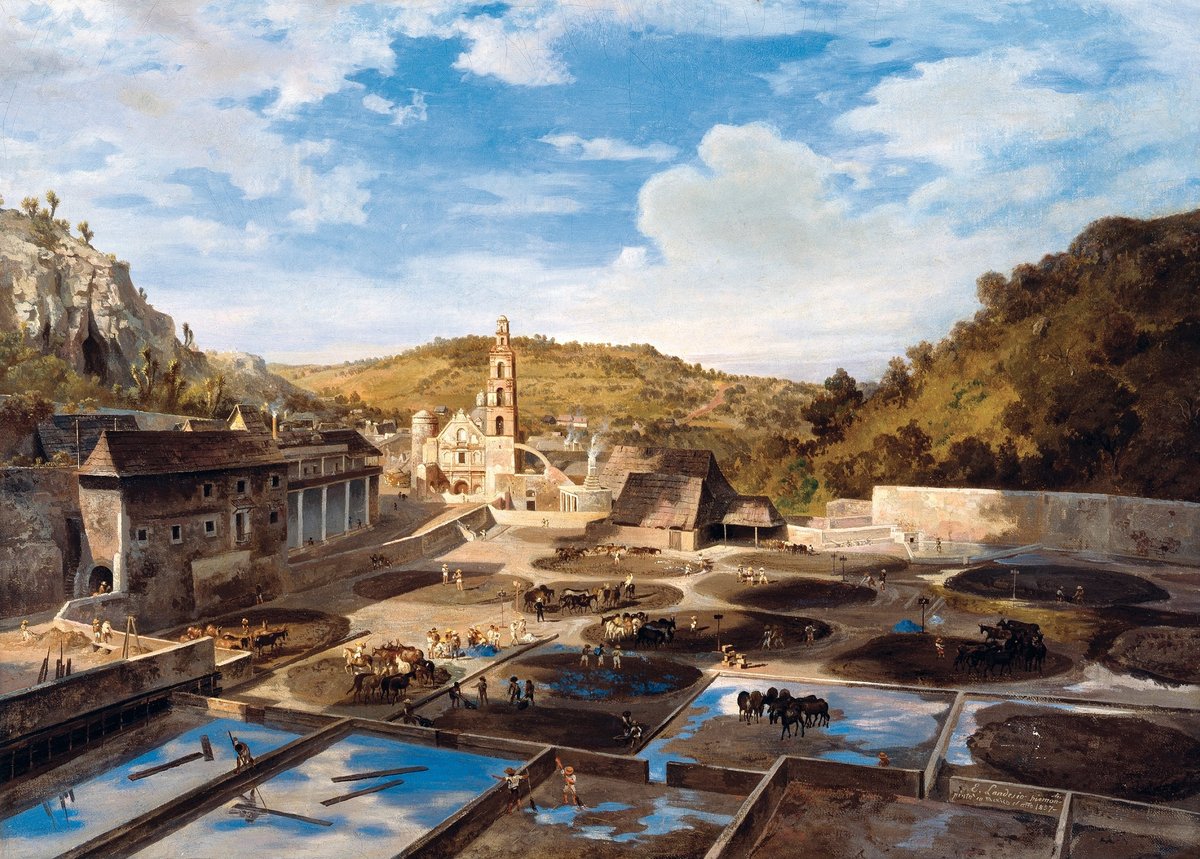 Classical 19th-century painting of the Patio de la Hacienda de Santa María Regla by Eugenio Landesio