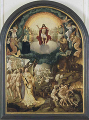 The Last Judgment painting by Aertgen Claesz. van Leyden depicting vivid religious scene with angels, sinners, saints and Christ