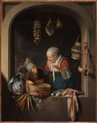 Gerrit Dou painting of a young herring seller with a boy circa 1670-75