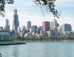 Chicago downtown skyline with high-rise buildings and Lake Michigan in the background