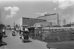 Street vendors selling goods on a busy street in Jakarta, Indonesia in a black and white photo from 1971