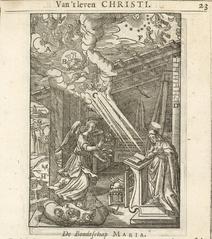 Annunciation woodcut from 't Schat der zielen, Amsterdam 1648