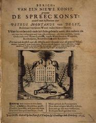 Title page of the book Bericht van een nieuwe konst genaemt Spreeckonst by Petrus Montanus van Delft, 1635