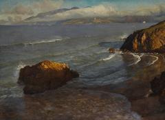 Albert Bierstadt painting Entrance to Golden Gate c. 1872 depicting dramatic mountainous landscape with mist and sunlight
