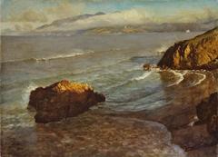 Entrance to the Golden Gate painting by Albert Bierstadt circa 1872 depicting a dramatic landscape with towering cliffs and a luminous sky