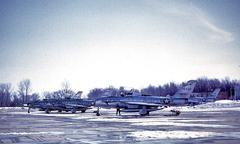 164th Tactical Fighter Squadron F-84F Thunderstreak jets parked at Mansfield Lahm Regional Airport
