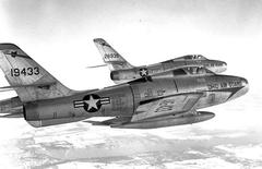 Two F-84F Thunderstreak fighter jets of the 164th Tactical Fighter Squadron in flight