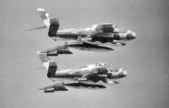 Two F-84F Thunderstreak aircraft of the 113th Tactical Fighter Squadron with Vietnam War camouflage livery