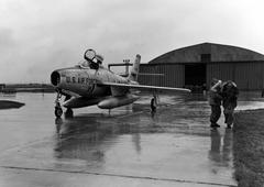 USAF Republic F-84F Thunderstreak fighter jet landing at Chaumont Air Base France 1961