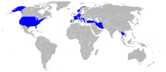 Map showing countries that used the F-84F Thunderstreak jet fighter