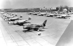 124th Tactical Fighter Squadron ADC F-89J Scorpions and first F-84F Thunderstreak on flightline at Des Moines MAP