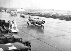 F-84F fighter jet of the 131st Fighter-Bomber Wing Missouri Air National Guard taxiing on ramp at Toul Rosieres Air Force Base France 1961
