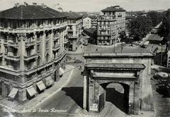 Porta Romana gate in Milan, Italy at sunset