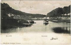 Bruges canal with steamboat in Sluis, Netherlands, circa 1900 on vintage postcard