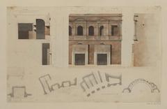 Watercolor of the reconstructed facade and architectural plan of the 19th-century 'Bains de Paul-Émile' building, later known as Trajan's Markets near the Quirinal hill in Rome