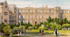 Historic view of Schlosshof and Glass Hall (Glaeserner Saalbau) at Heidelberg Castle, Germany, circa 1820