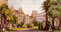 Historic view of Heidelberg Castle with its Friedrichsbau, Gläserner Saalbau, Ottheinrichsbau, and Brunnenhaus buildings