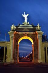 Princes' Gates at Toronto Exhibition Place entrance with spacious walkway and blue sky