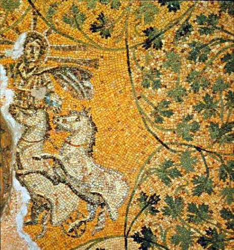 Ceiling mosaic depicting Christ as Sol Invictus, the sun god, riding a chariot with horses in the Mausoleum of the Julii, 3rd century Rome