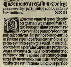 Beginning of the privilege of Jaume I from May 8, 1247, about the creation of the royal coins of Valencia, as shown in the Aureum Opus (Valencia, 1515)