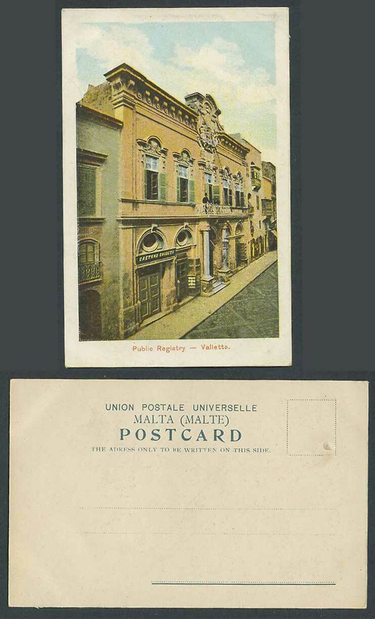 Vintage postcard showing Valletta, Malta with prominent public registry buildings and scenic waterfront