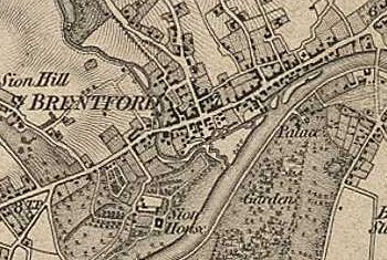 1856 historical map of Brentford, west of London, showing the confluence of River Brent and River Thames