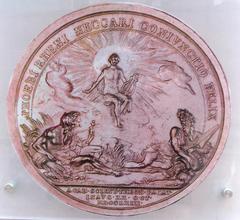 Medal commemorating the founding of the Kurpfälzische Akademie der Wissenschaften Mannheim 1763 on a public tourist sign at Mannheim Observatory
