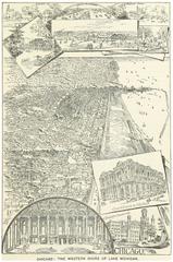Historic map of Chicago at the western shore of Lake Michigan from 1891