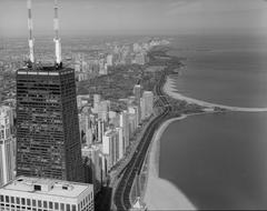 Aerial view of Lincoln Park in Chicago showing North Lake Shore Drive, Passerelle bridge, and North Avenue Bathing Beach