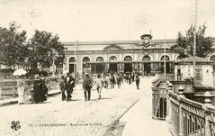 Historic view of Carcassonne Avenue de la Gare in 1907 with vintage buildings and early 20th century street scene