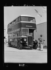 Double-decker motor bus exhibit at 1936 Palestine disturbances fair in Tel Aviv