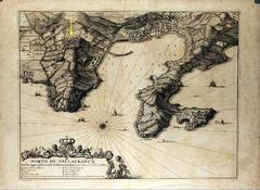 18th century illustrated map of the Port of Villefranche with naval battle, depth indications, and heraldic emblem of the Kingdom of Piedmont-Sardinia