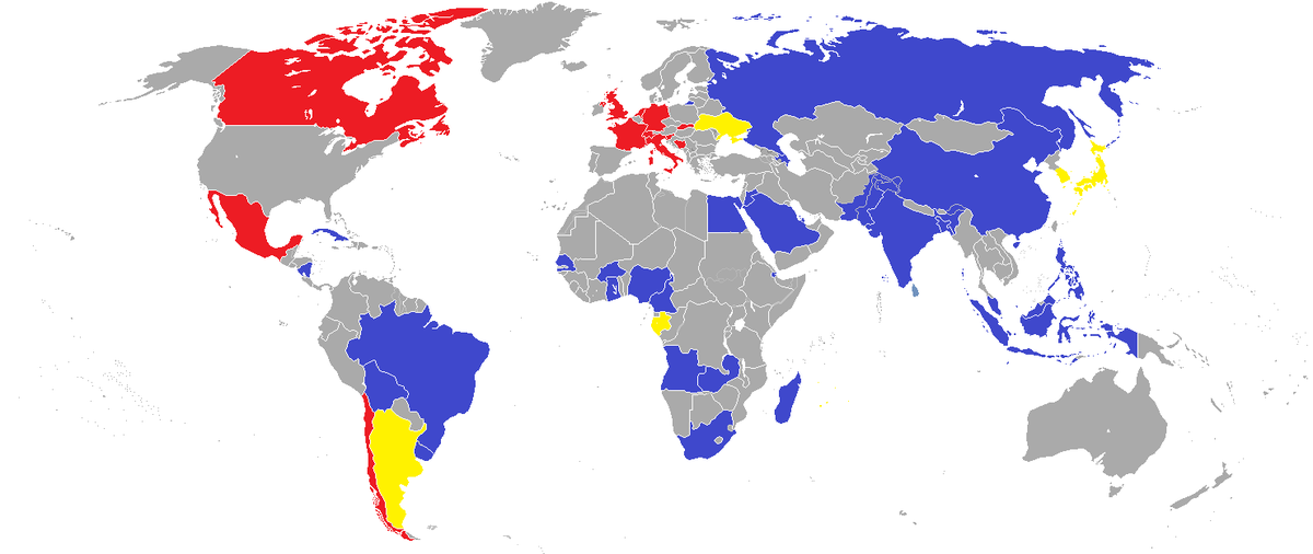 World map showing the United Nations Human Rights Council 11th Special Session vote on resolution S-11/1 in May 2009, with countries colored blue for 'For', red for 'Against', and yellow for 'Abstain'
