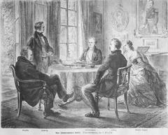 Vintage illustration from Die Gartenlaube magazine 1868 depicting diverse people engaging in social activities